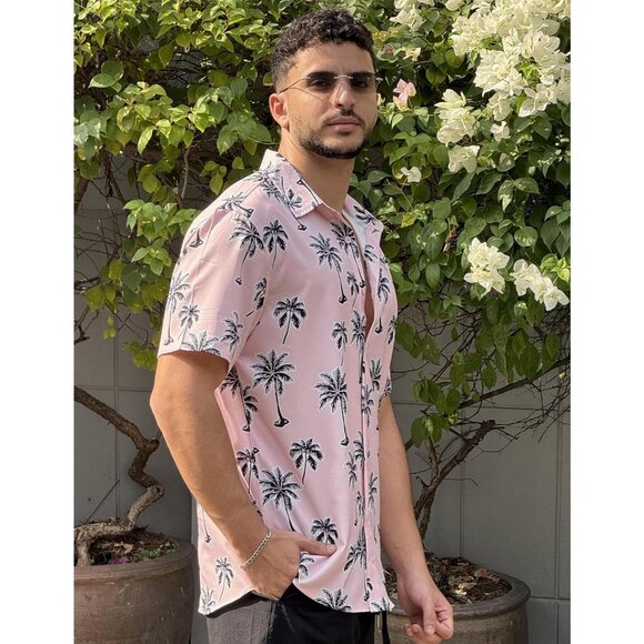Men's Hawaiian Shirt Pink Palm Tree Print Short Sleeve Button Up Casual Beachwea - Picture 3 of 6